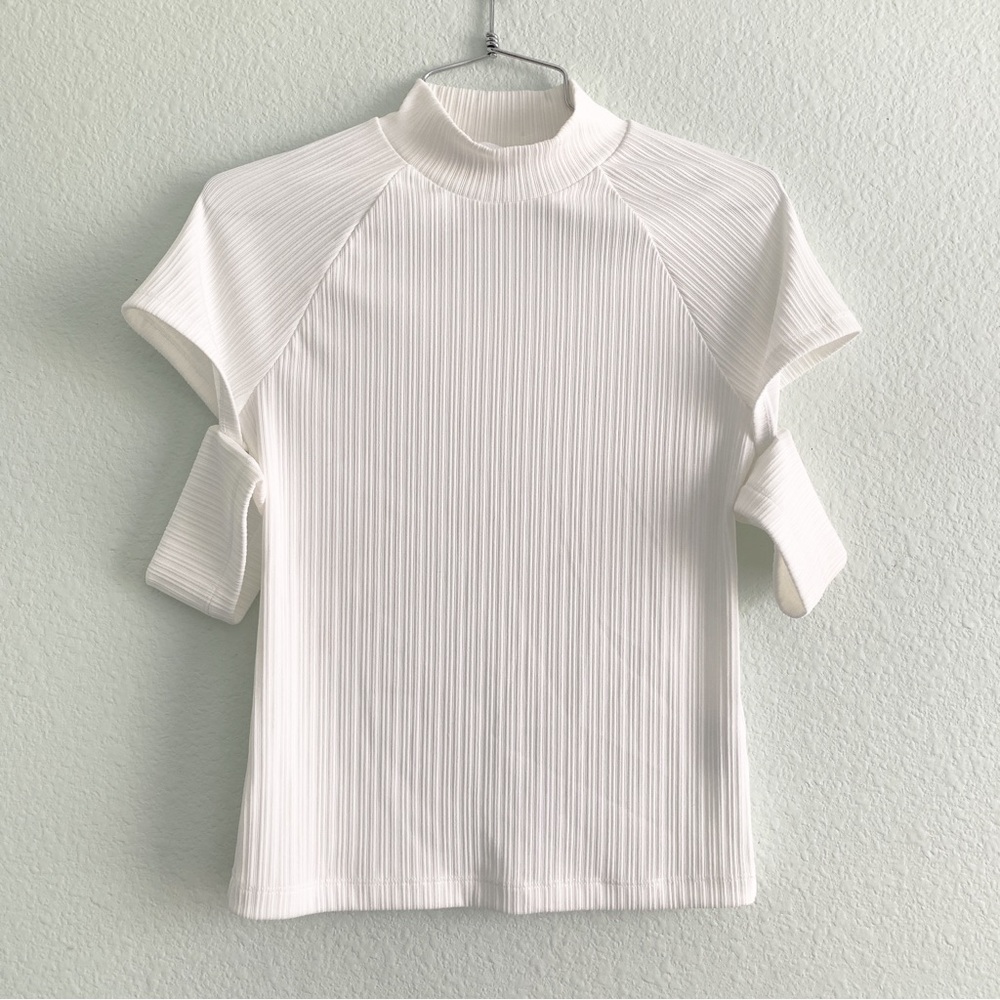 HELMUT LANG ribbed short sleeve open white blouse Medium top shirt